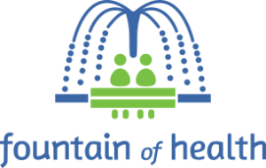 Fountain of Health Logo with an image of two people sitting on a bench with a stylized fountain in blue
