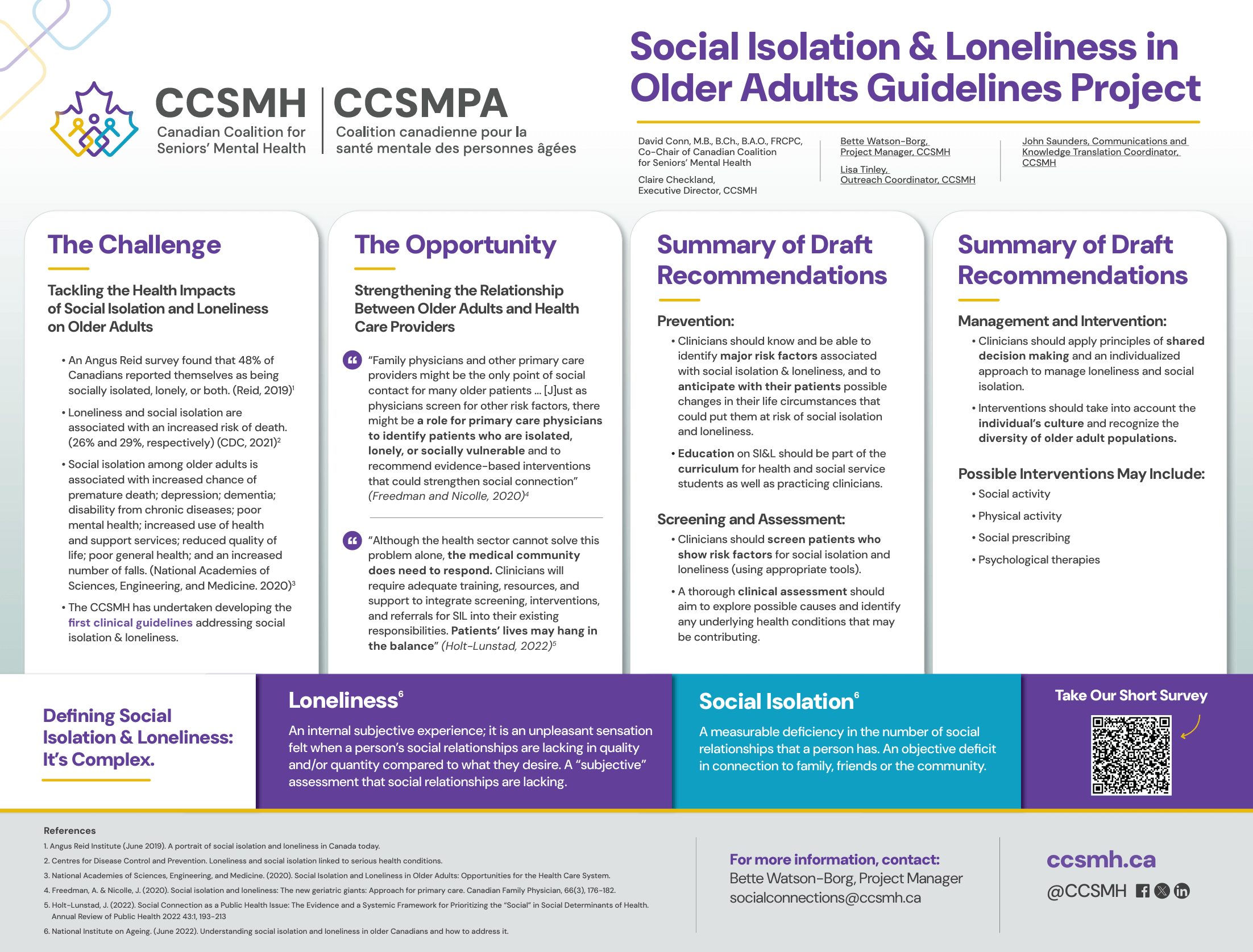 Academic poster with lots of text and information accented with purple and cyan blue elements that mtahc the CCSMH logo.