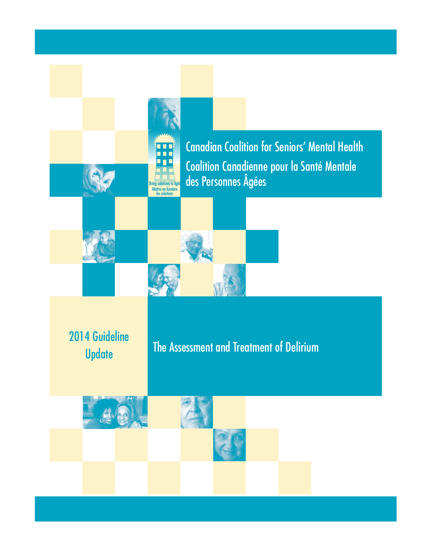 A cover for the Delirium Clinical Guidelines that features photos of older adults with cyan blue checkerboard pattern