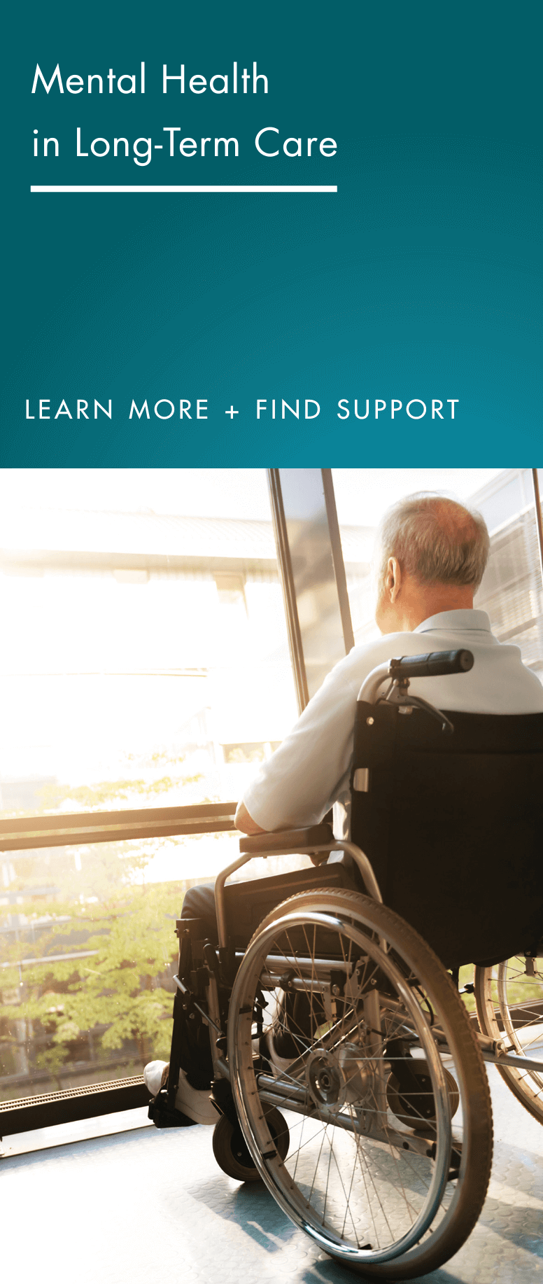 Brochure cover with a photo of a older man in a wheelchair looking out a window at some greenery.