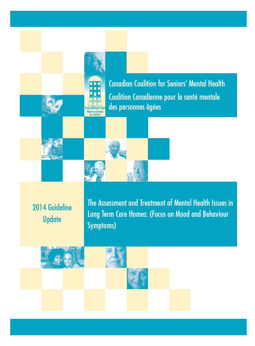 Cover for the Mental Health in Long-term Care Guidelines with a cyan blue and light yellow checkboard pattern