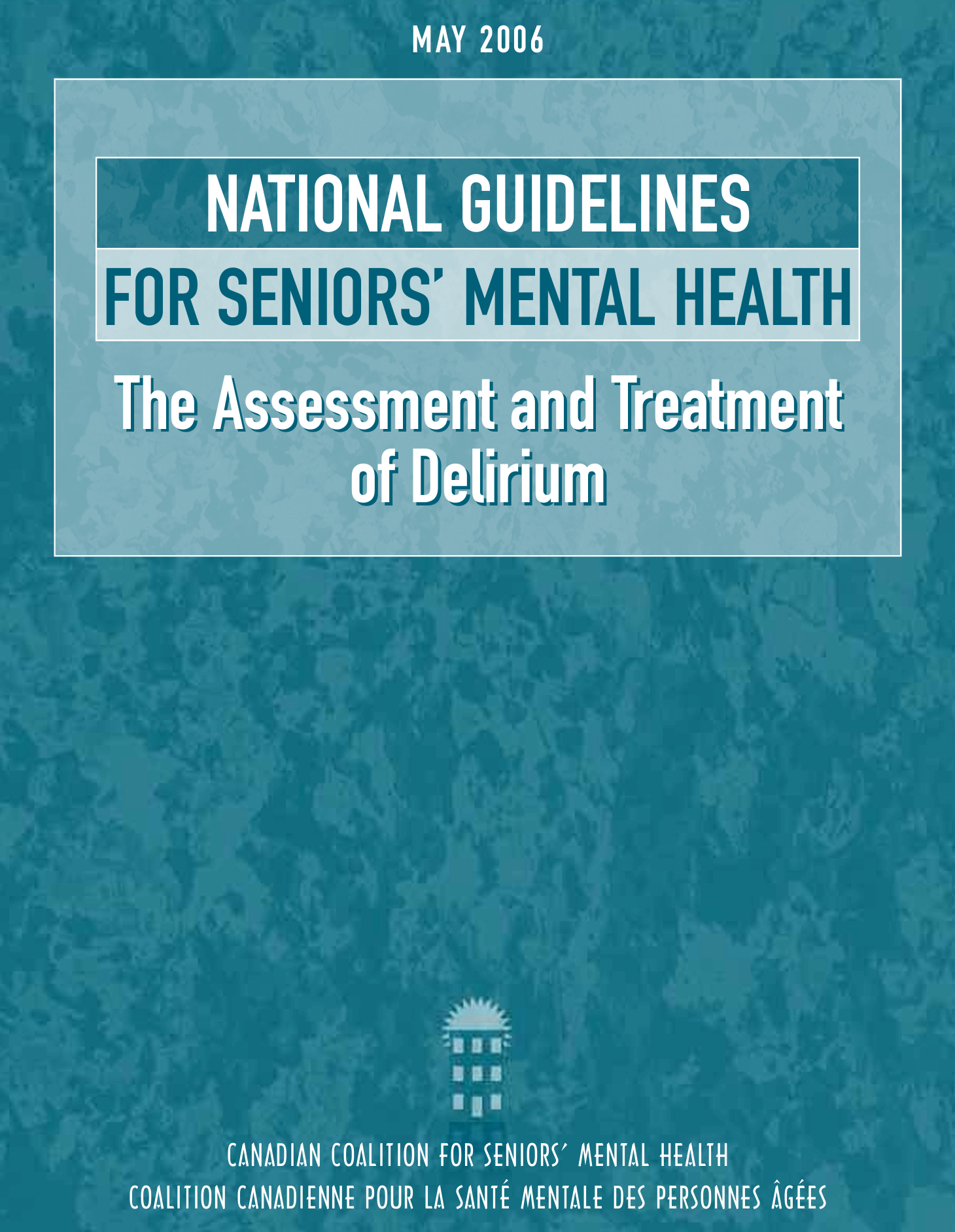 The cover for the National Guidelines for Delirium in older adults cover with a blue colour and granite-style pattern overlay.