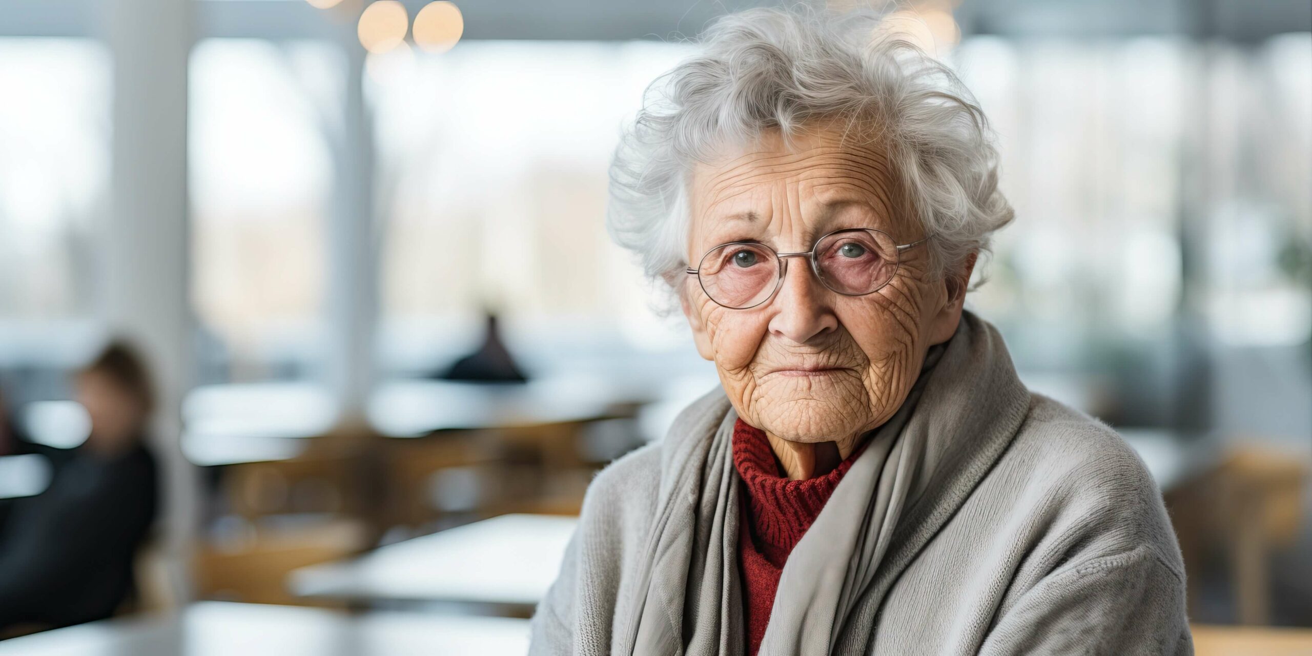 An older woman wrapped in a sweater, faces the camera looking solemn and thoughtful.