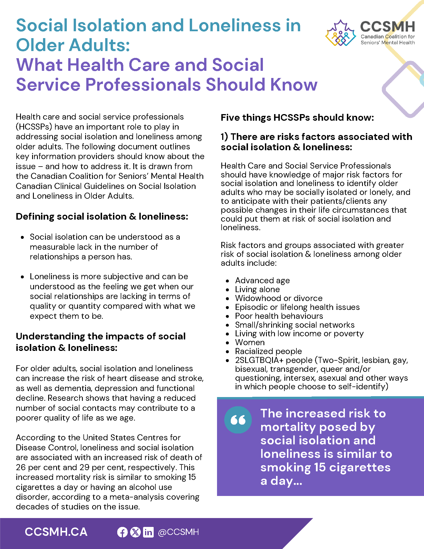 Social Isolation and Loneliness - info sheet for health care and social service professionals - cover image