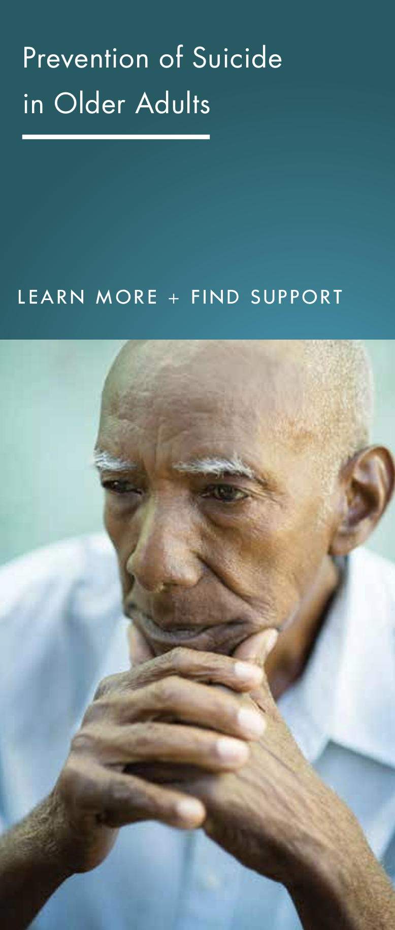 A borchure cover with a dark teal colour block with white lettering and a photograph of a dark-skinned man looking pensive with his chin resting on his hands.