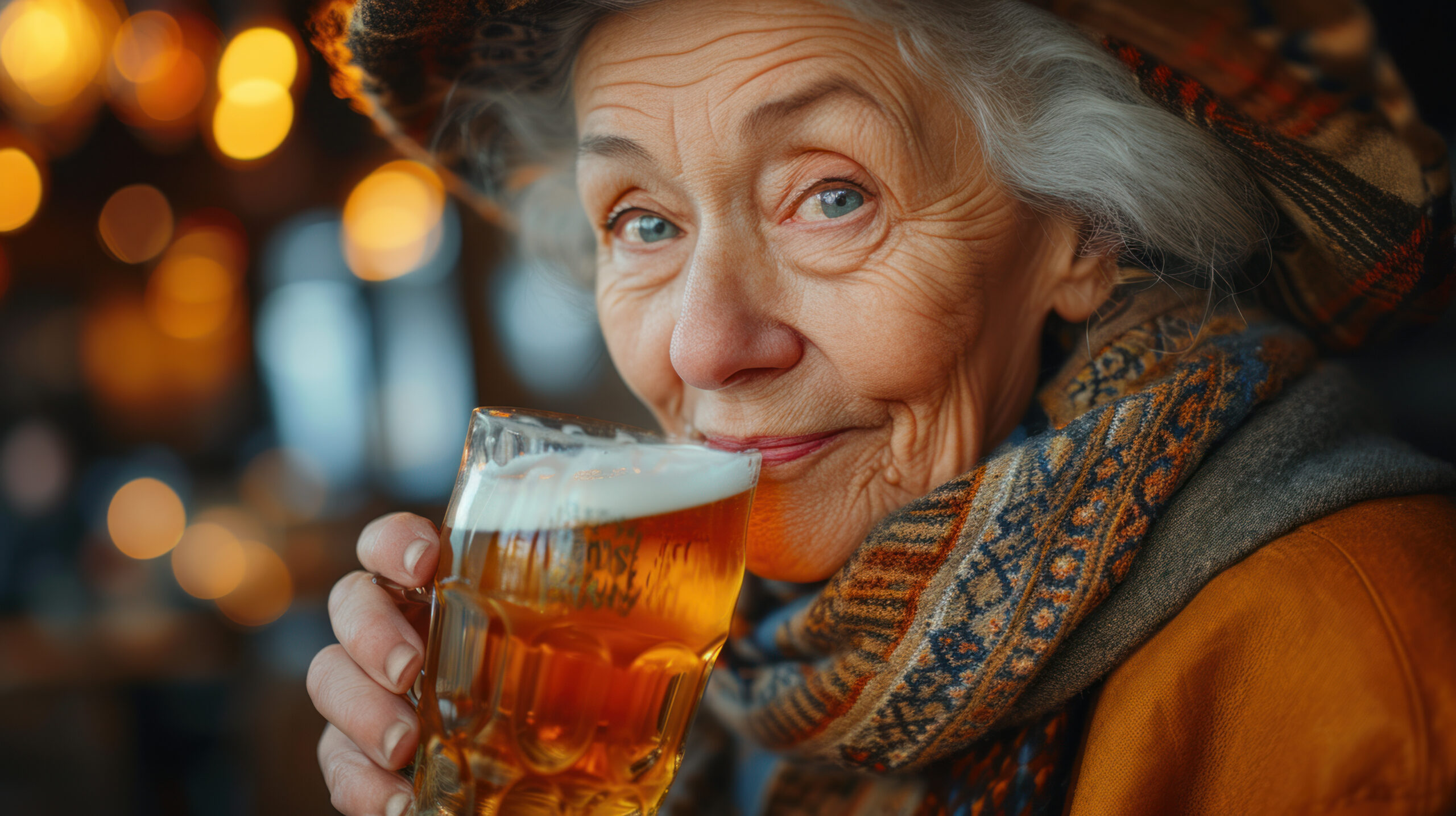 an aged woman with grey hair sips on a glass of beer. She is smirking at the camera and making eye contact. She is wearing an orange shirt and a scarf and hat.