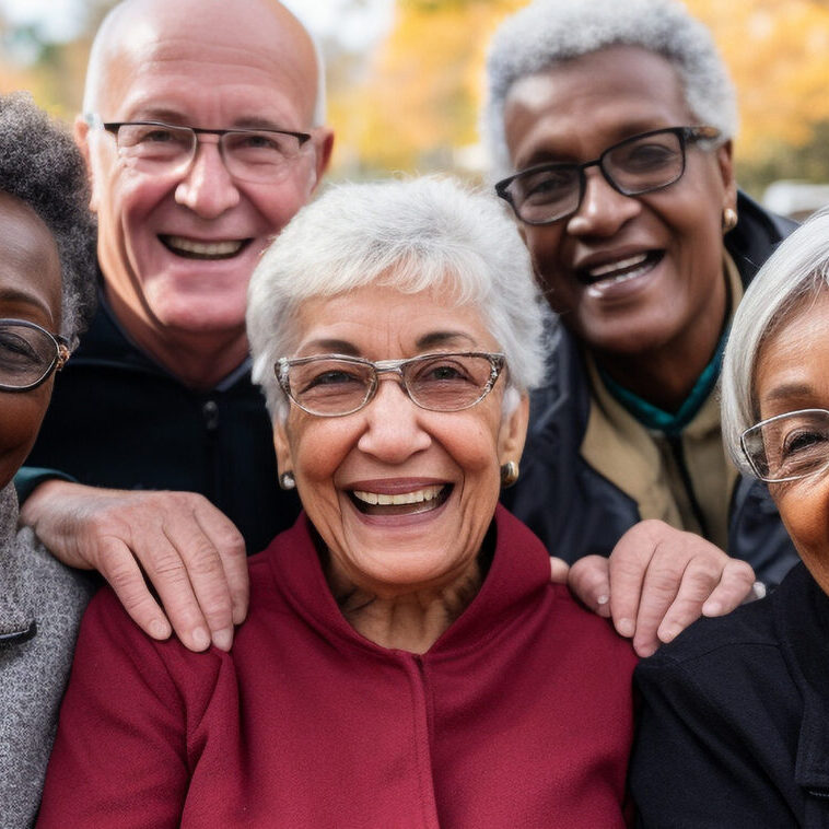 A group of diverse older adults posing for a photograph with arms around each other and smiling while outdoors in an urban park with trees in Fall colours.